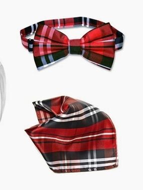 Vesuvio Napoli Designed in Italy Plaid Striped Bow Tie and Hankie Set. (NEW)